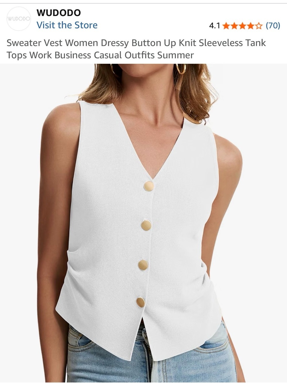 Women's White V-Neck Button Front Knit Tank